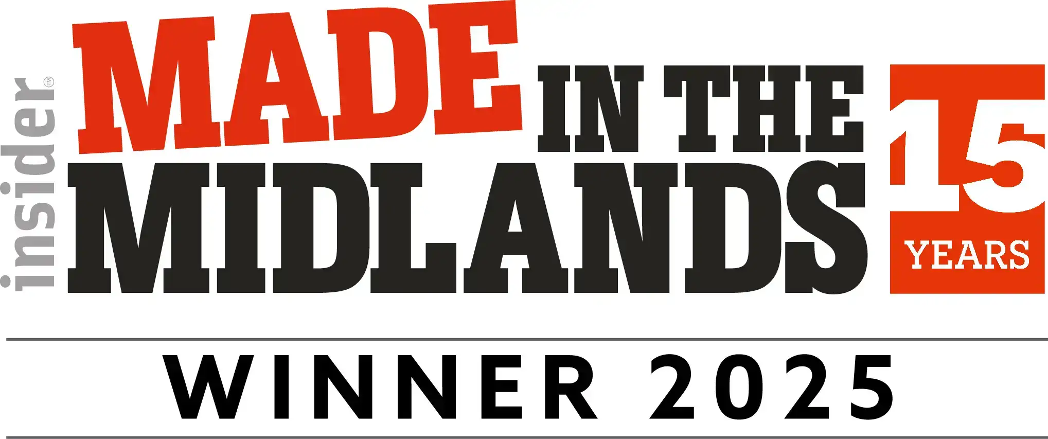 Made in the Midlands Winner 2025 logo. The design features bold red and black text with '15 years' highlighted in an orange box. The word 'insider' appears vertically on the left side.
