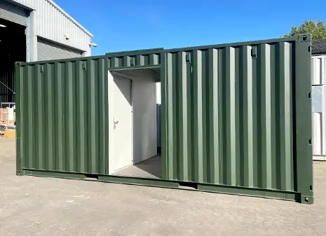 20ft green topper container unit fitted with a personnel door for secure self storage access.