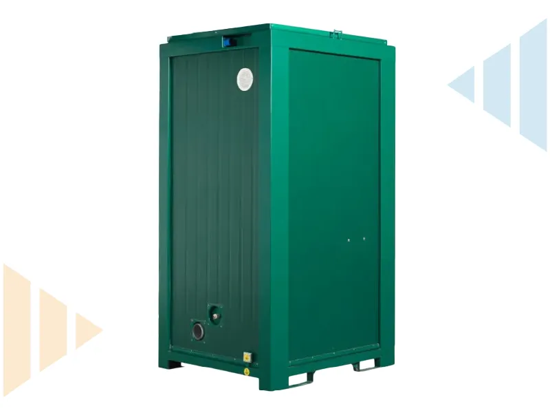 A rear view of a green portable toilet unit, showing external plumbing fixtures and a vent on the back panel.