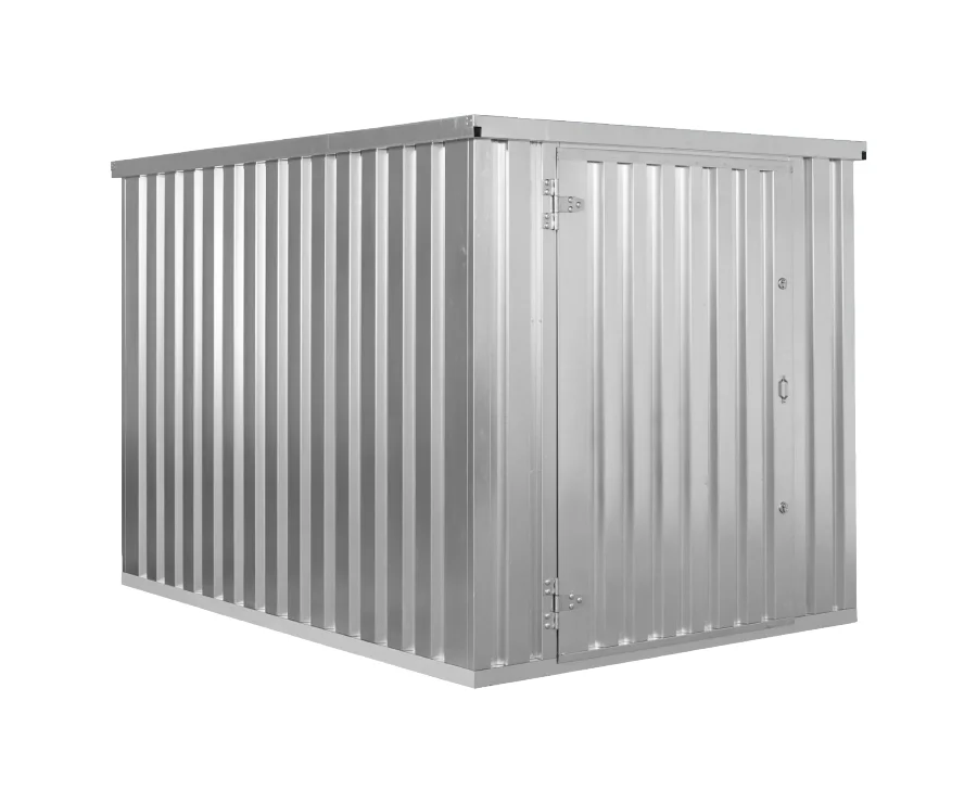 A silver, corrugated metal storage shed with a flat roof and a single hinged door on the right side.