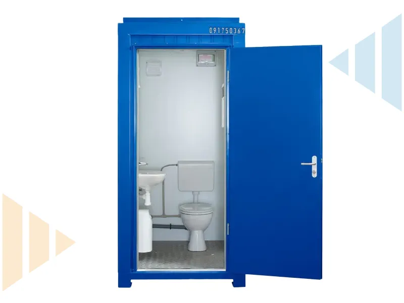Interior of a single portable site toilet cabin, displaying a hygienic layout with toilet, hand wash basin, flush cistern, ventilation, and non-slip flooring, perfect for workforce welfare compliance.