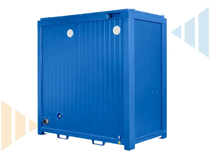Rear view of a double portable toilet unit highlighting external ventilation outlets and plumbing connections, demonstrating full serviceability for waste management and water supply on construction or remote sites.