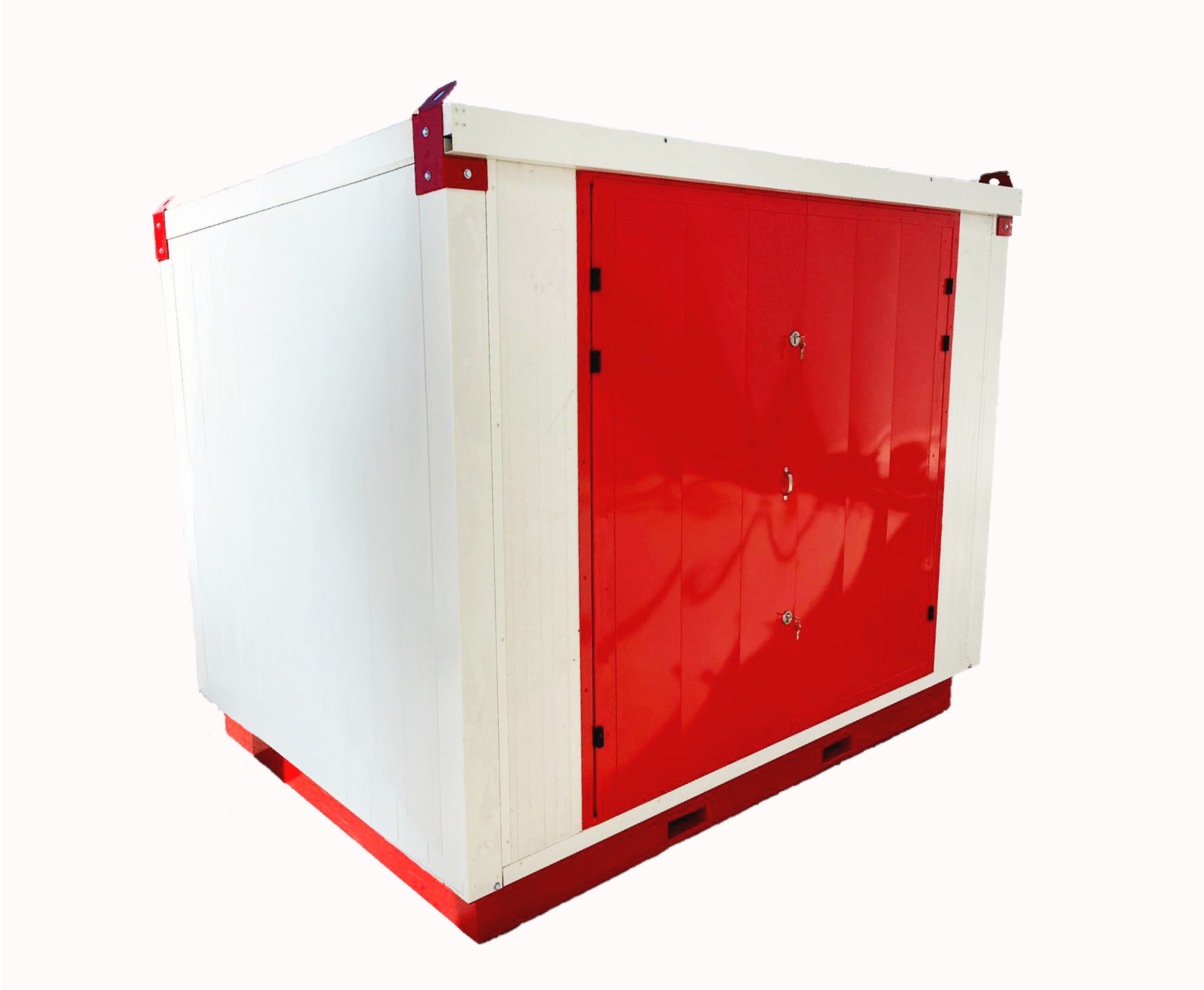 A red and white metal insulated chemical storage unit with a flat roof, double red doors in the center, and white panels on the sides.