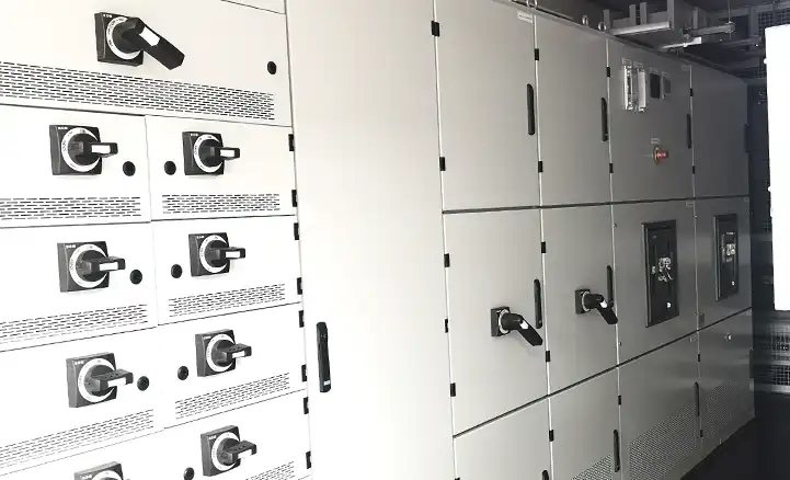 Close-up view of industrial switchgear equipment housed inside a converted shipping container by S Jones Containers, showing multiple control switches, circuit breakers, and access panels arranged in a clean, organised layout.