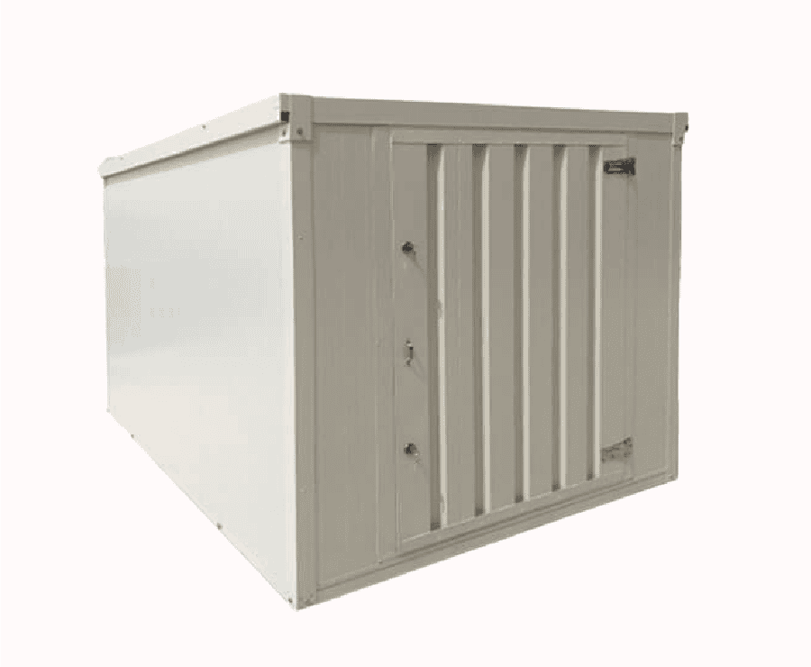 A light beige or off-white, corrugated metal storage shed with a flat roof and a single hinged door on the right side, set against a white background.
