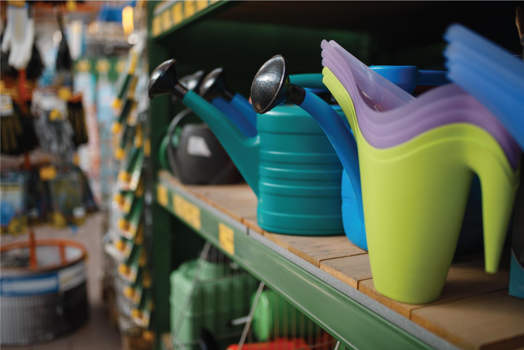 garden equipment on shelves in container
