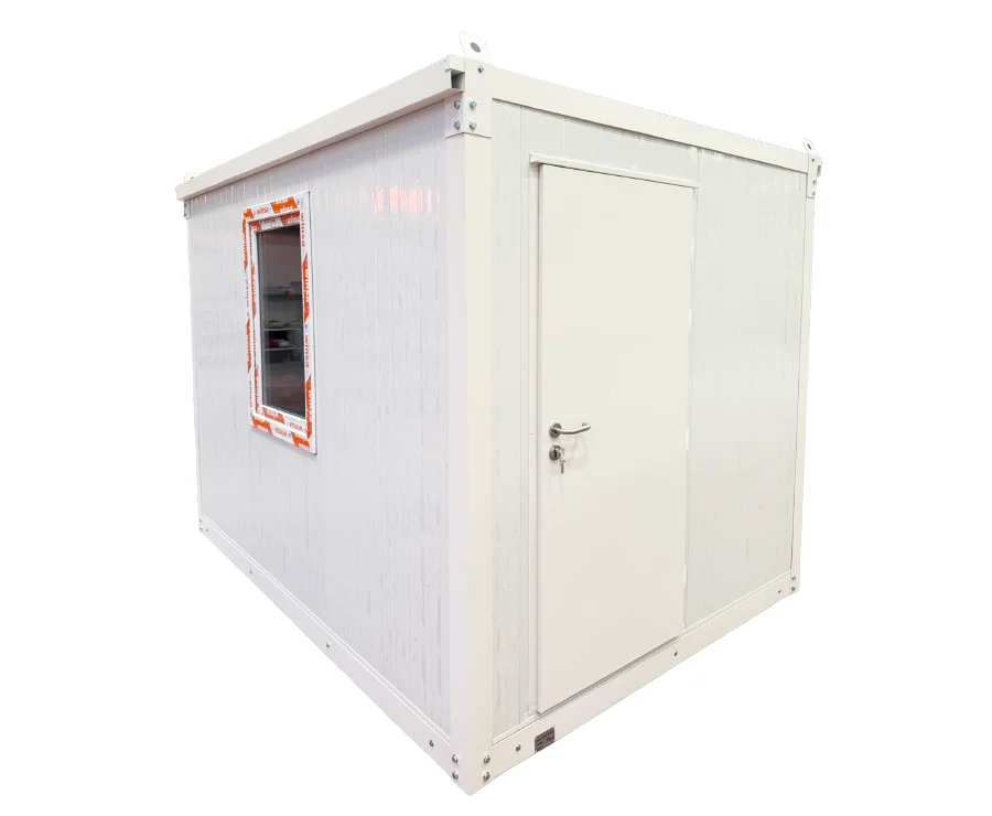 A compact, white modular office unit with a flat roof, a single door with a lock, and a window on the left side that is partially covered with protective tape.