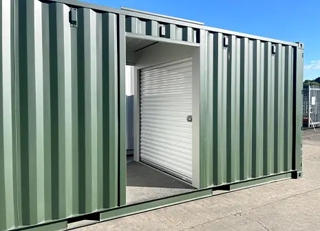20ft green topper storage container unit with roller shutter access, ideal for self storage expansion.